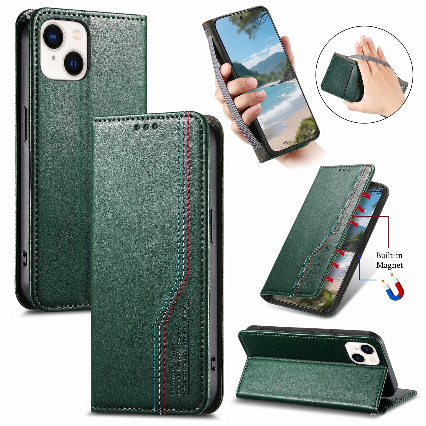 Elastic Band Premium Leather Flip Case for iPhone 15