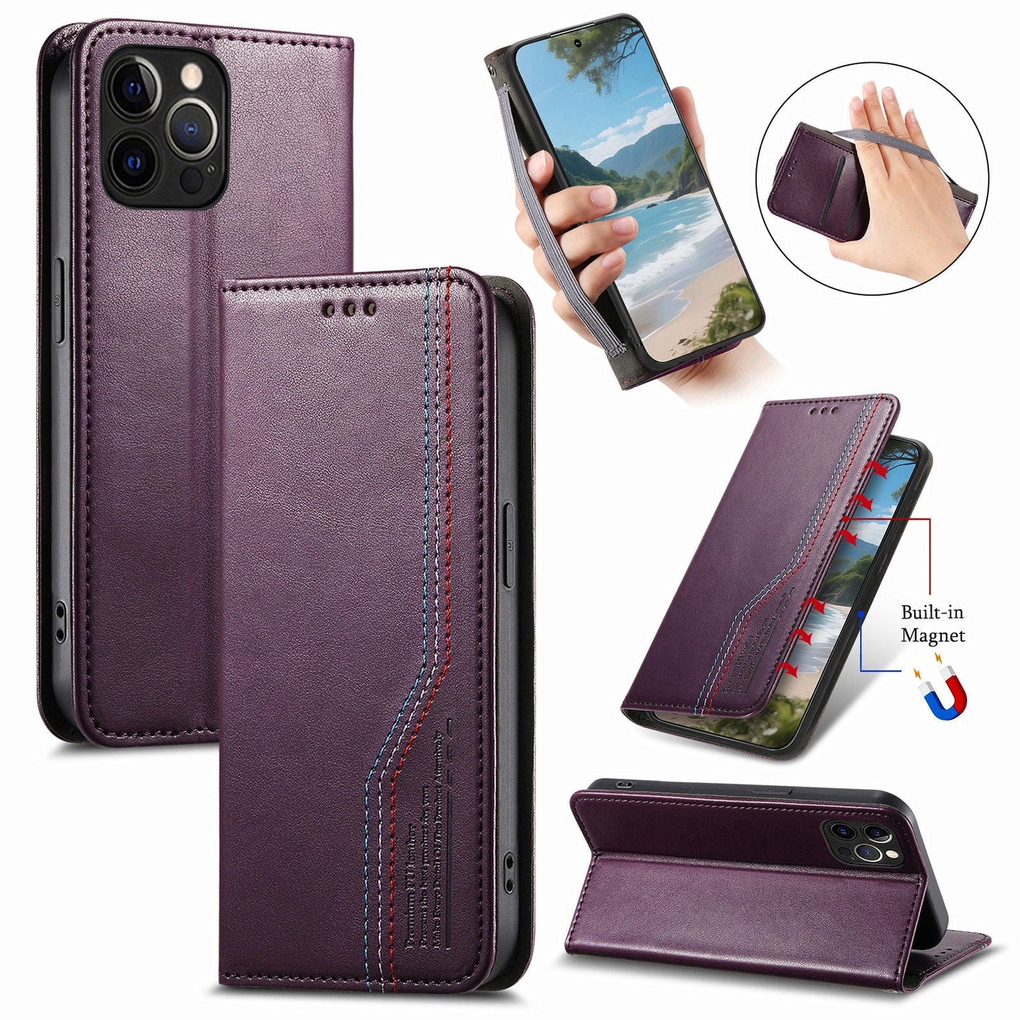 Elastic Band Premium Leather Flip Case for iPhone 15 Pro Max
