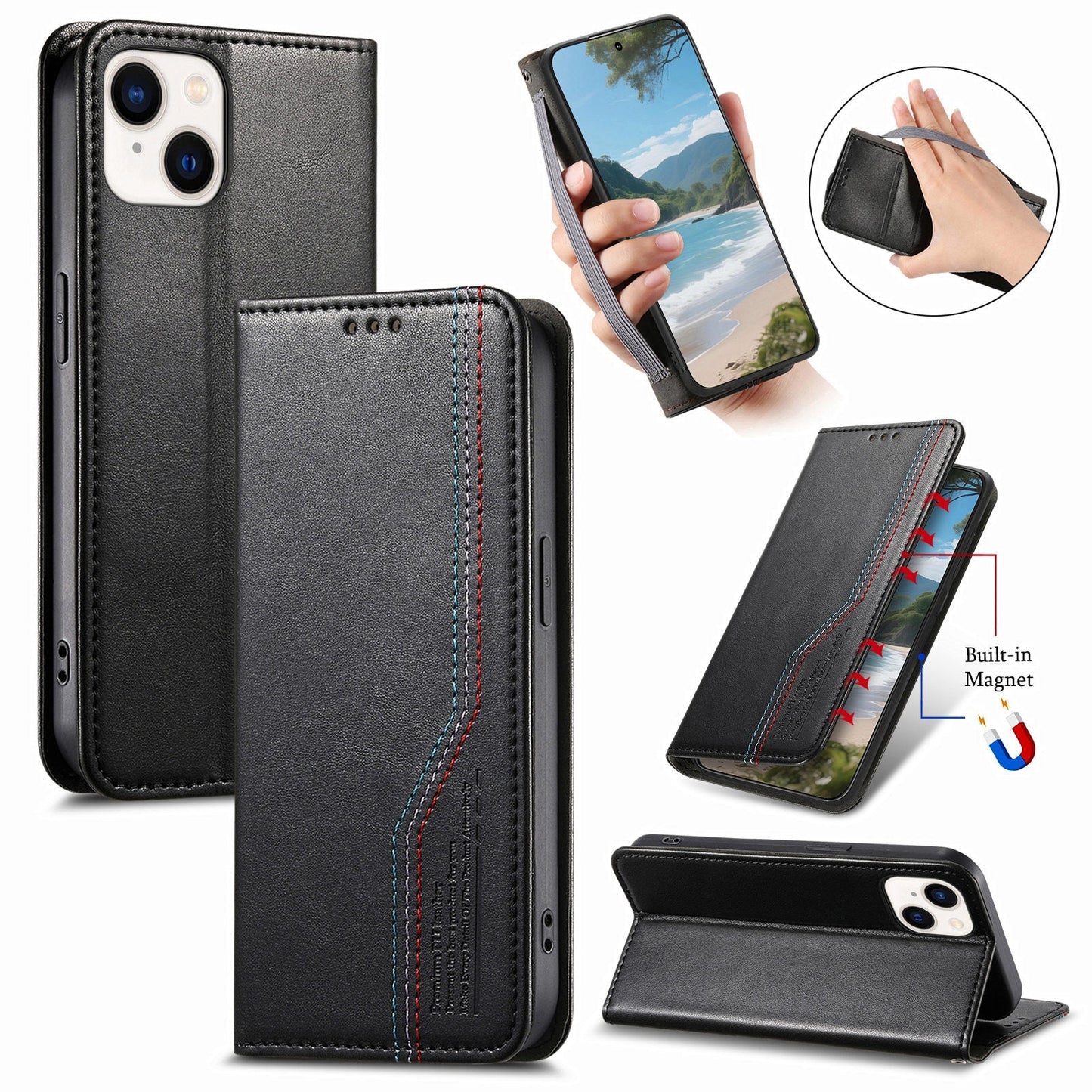 Elastic Band Premium Leather Flip Case for iPhone 15