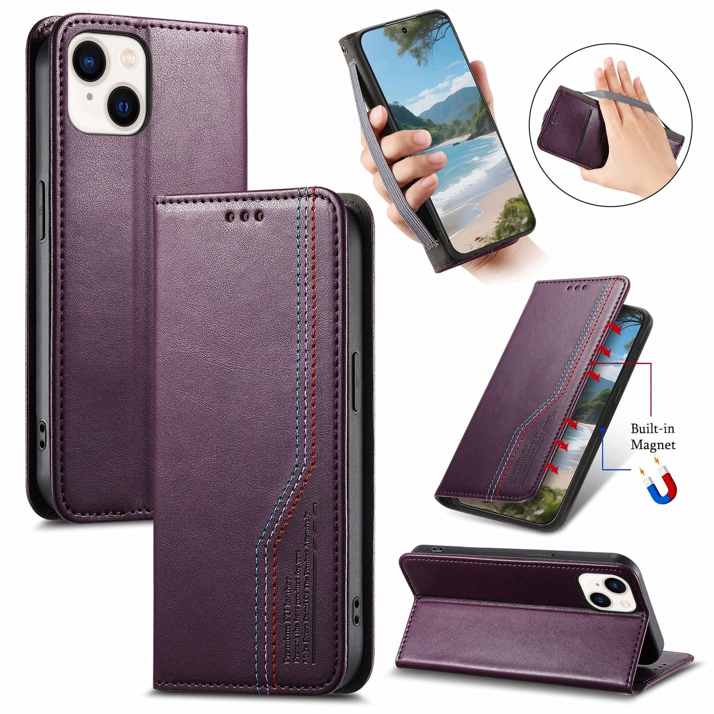 Elastic Band Premium Leather Flip Case for iPhone 14